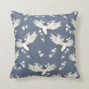 crane, pattern, vintage illustration flying bird f throw pillow