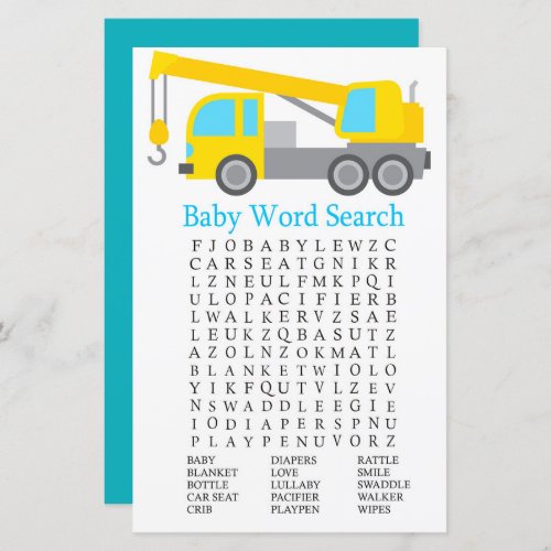 Crane Truck Baby Shower Word Search Game