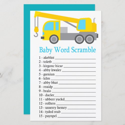 Crane Truck Baby word scramble game