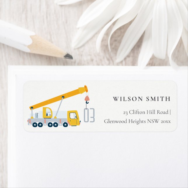 Crane Truck Construction Vehicle Kids Address Label (Insitu)