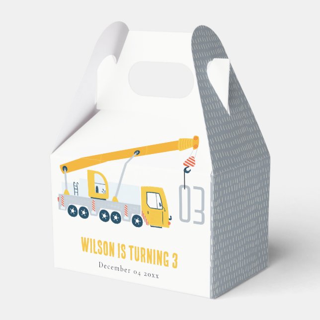 Crane Truck Construction Vehicle Kids Birthday Favor Boxes (Front Side)