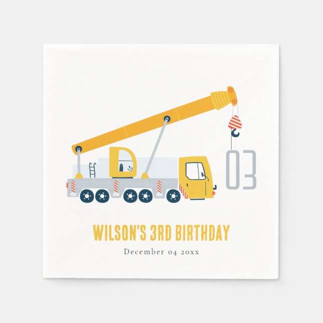 Crane Truck Construction Vehicle Kids Birthday Napkins (Front)