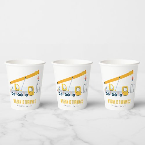 Crane Truck Construction Vehicle Kids Birthday Paper Cups