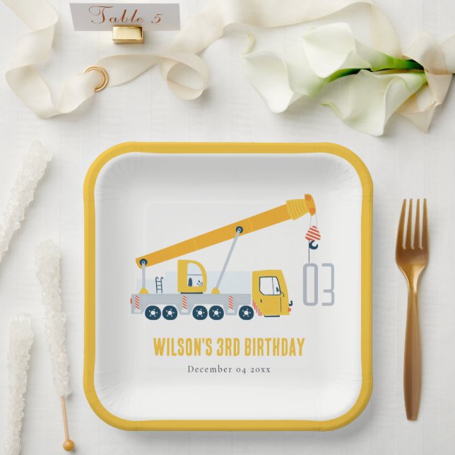 Crane Truck Construction Vehicle Kids Birthday Paper Plates (Wedding)