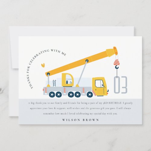 Crane Truck Construction Vehicle Kids Birthday Thank You Card