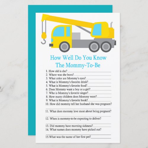 Crane Truck how well do you know baby shower game