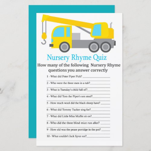 Crane Truck Nursery Rhyme Quiz baby shower game