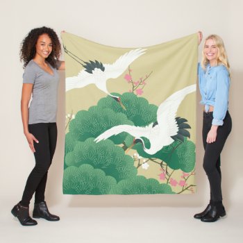 Crane With Pine Tree And Plum Blossom Fleece Blanket by Wagaraya at Zazzle