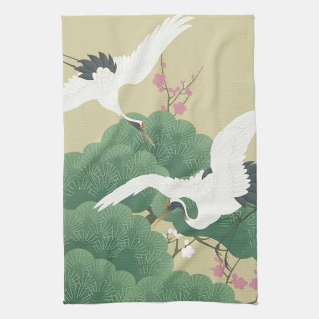 Crane with Pine Tree and Plum Blossom Kitchen Towel (Vertical)