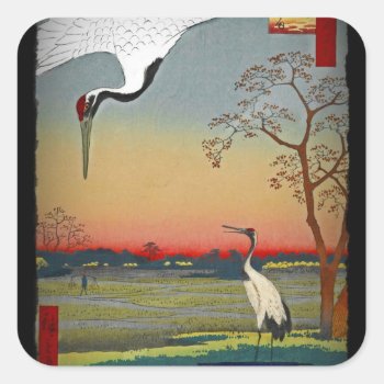 Cranes And Blue Water Square Sticker by dmorganajonz at Zazzle
