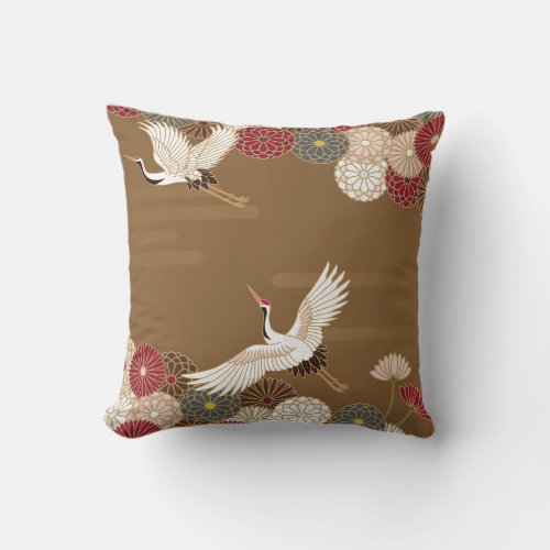 Cranes and chrysanthemums Japanese traditional pat Throw Pillow