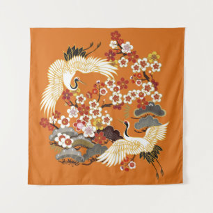 CRANES AND COLOR SAKURA. Colorful floral seamless Tapestry