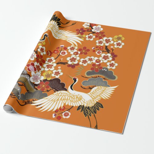 CRANES AND COLOR SAKURA Colorful floral seamless  Wrapping Paper