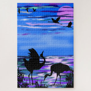 Cranes Bird At Sunset Lake Jigsaw Puzzle