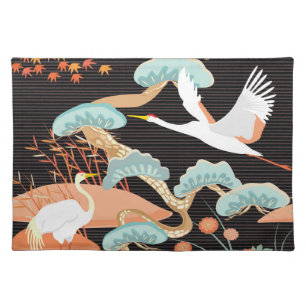 Cranes, herons: Japanese bird pattern. Cloth Placemat