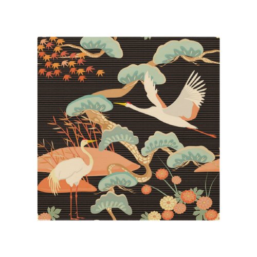 Cranes herons Japanese bird pattern Wood Wall Art