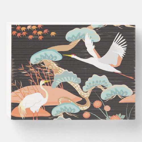 Cranes herons Japanese bird pattern Wooden Box Sign