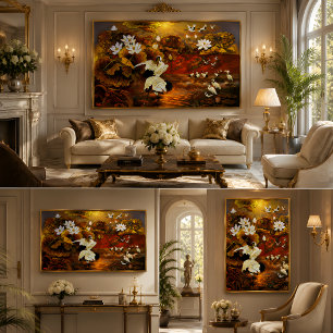 Cranes Homecoming Golden Lotus Oil Painting Metal Print