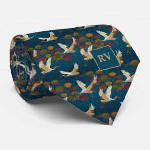 Cranes in Autumn Floral on Navy Blue Neck Tie