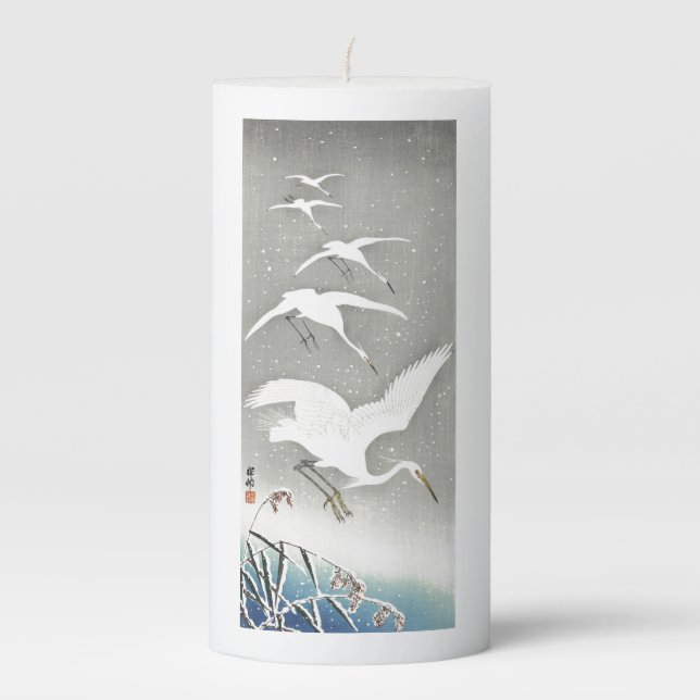 CRANES IN FLIGHT HOKUSAI WOODBLOCK Pillar Candle (Front)