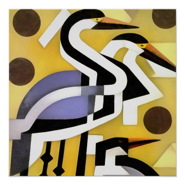 Cranes In Geometric Abstract Art Style On Yellow Poster (Front)