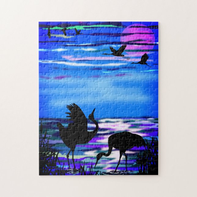 Cranes Love Dance - Romantic - Lake Sunset - Jigsaw Puzzle (Vertical)