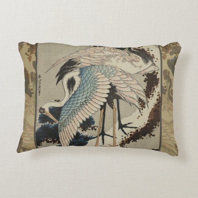 Cranes on a Snow Covered Pine Hokusai Accent Pillow (Back)