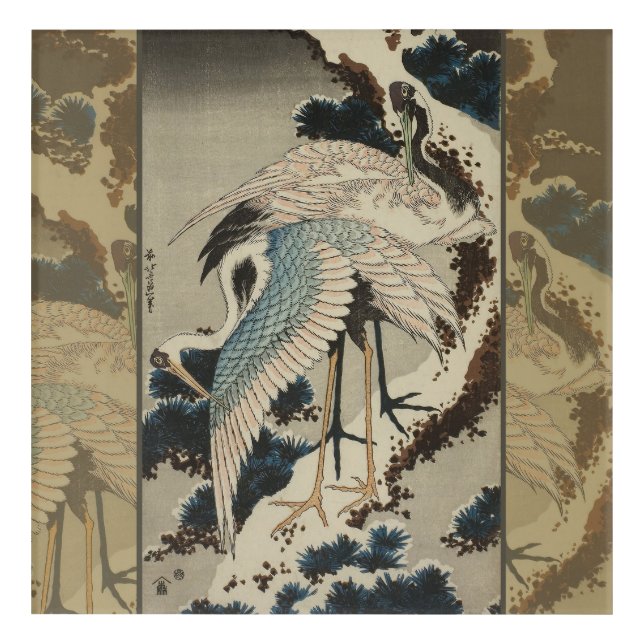 Cranes on a Snow Covered Pine Hokusai Acrylic Print (Front)