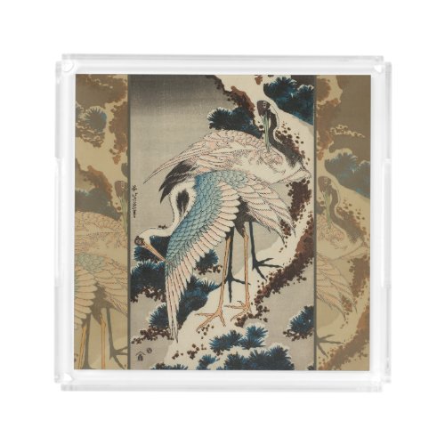 Cranes on a Snow Covered Pine Hokusai Acrylic Tray