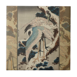 Cranes on a Snow Covered Pine Hokusai Ceramic Tile