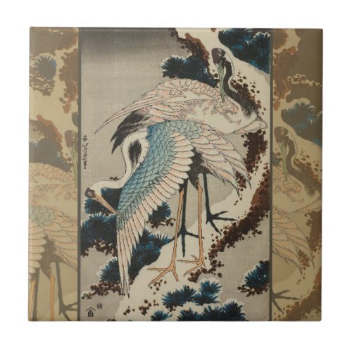 Cranes on a Snow Covered Pine Hokusai Ceramic Tile