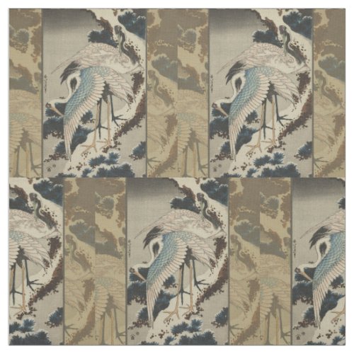 Cranes on a Snow Covered Pine Hokusai Fabric