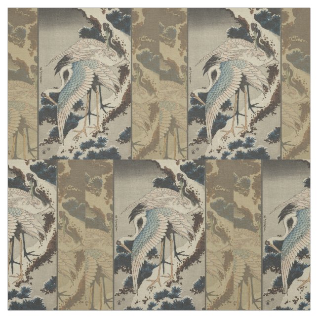 Cranes on a Snow Covered Pine Hokusai Fabric (Swatch)