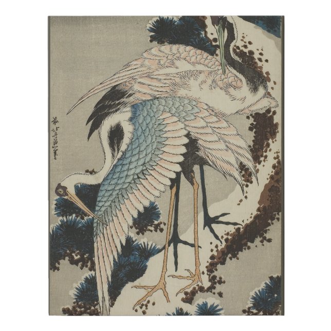 Cranes on a Snow Covered Pine Hokusai Faux Canvas Print (Front)