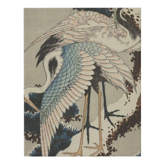 Cranes on a Snow Covered Pine Hokusai Faux Canvas Print (Front)