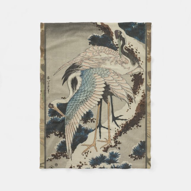 Cranes on a Snow Covered Pine Hokusai Fleece Blanket (Front)