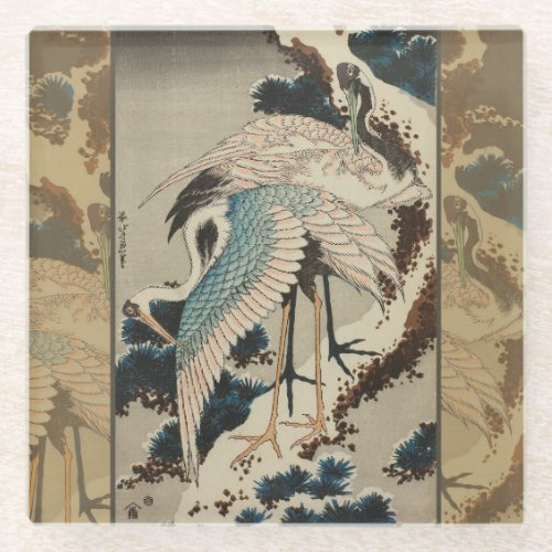 Cranes on a Snow Covered Pine Hokusai Glass Coaster