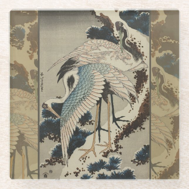 Cranes on a Snow Covered Pine Hokusai Glass Coaster (Front)
