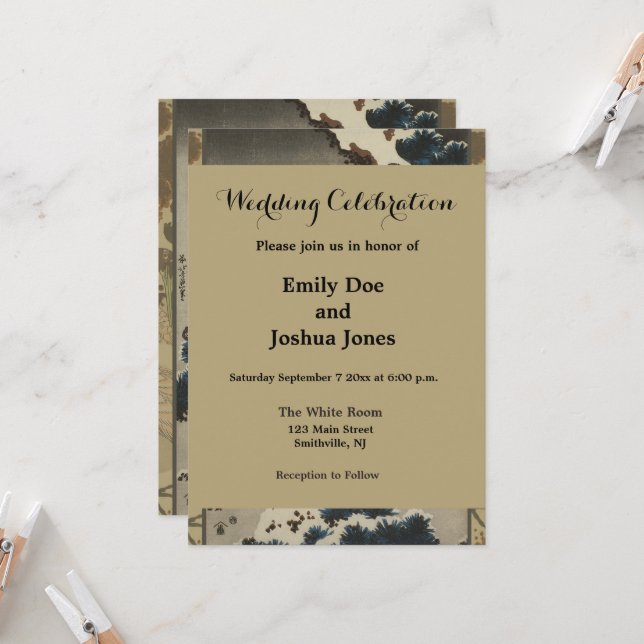 Cranes on a Snow Covered Pine Hokusai Invitation (Front/Back In Situ)