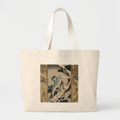 Cranes on a Snow Covered Pine Hokusai Large Tote Bag