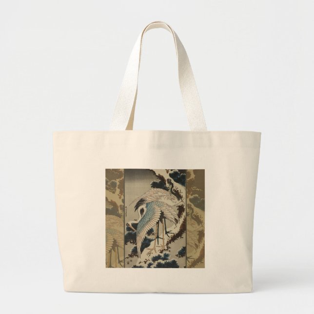 Cranes on a Snow Covered Pine Hokusai Large Tote Bag (Front)