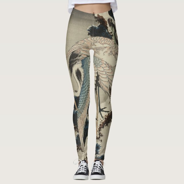 Cranes on a Snow Covered Pine Hokusai Leggings (Front)