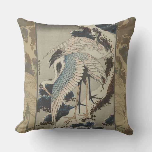Cranes on a Snow Covered Pine Hokusai Outdoor Pillow (Front)