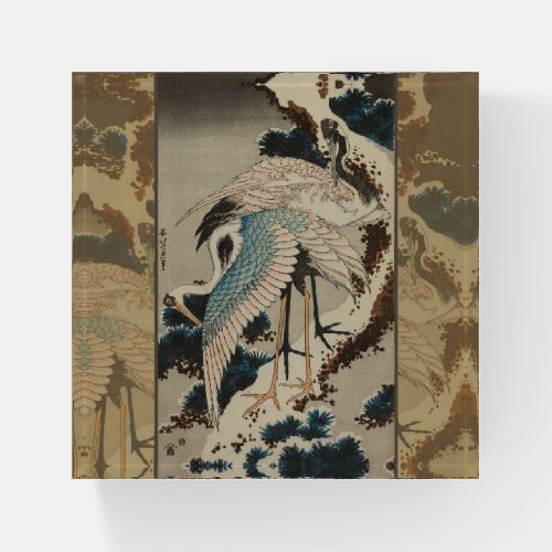 Cranes on a Snow Covered Pine Hokusai Paperweight