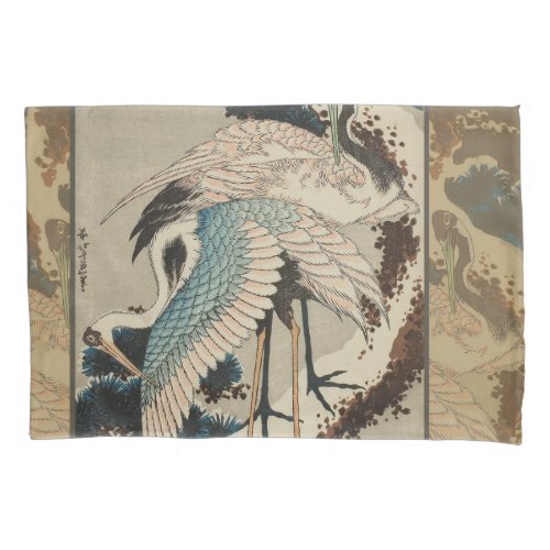 Cranes on a Snow Covered Pine Hokusai Pillow Case