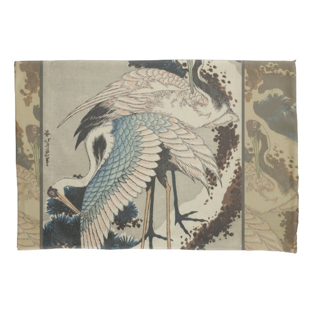 Cranes on a Snow Covered Pine Hokusai Pillow Case (Front)