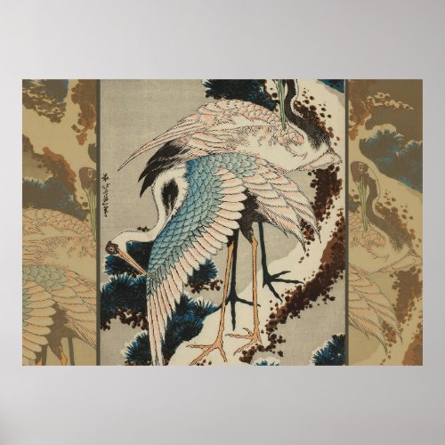 Cranes on a Snow Covered Pine Hokusai Poster