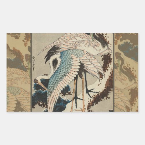 Cranes on a Snow Covered Pine Hokusai Rectangular Sticker