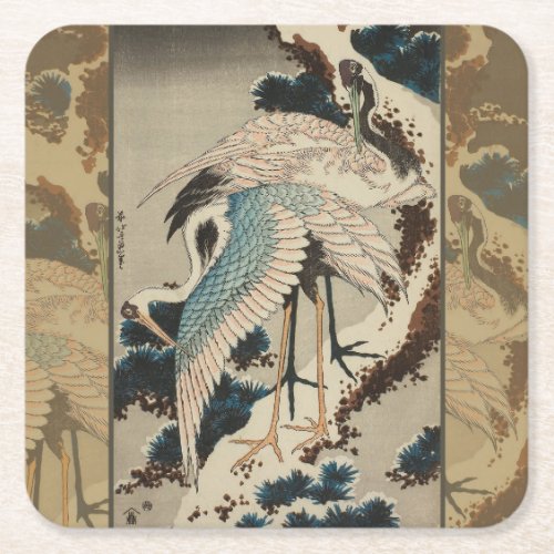 Cranes on a Snow Covered Pine Hokusai Square Paper Coaster