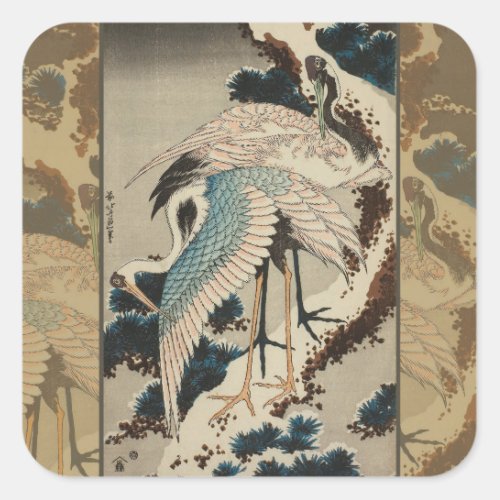 Cranes on a Snow Covered Pine Hokusai Square Sticker